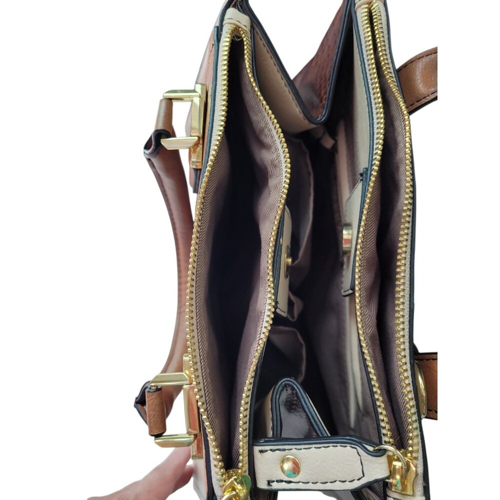 London Fog Women's Satchel Bag Medium Cognac and Off White Snap Zippers - Picture 7 of 16
